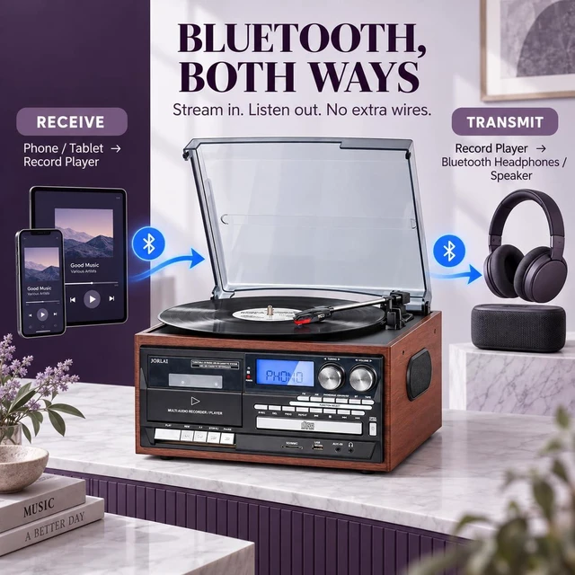 Alt view image 2 of 6 - Multi-Format 9-in-1 Record Player for Bedroom and Study, 3-Speed Turntable with Bluetooth Input, CD/Cassette, USB/SD, AM/FM Radio, Built-in Speakers, RCA Line Out, Headphone Jack, Remote, Light Brown