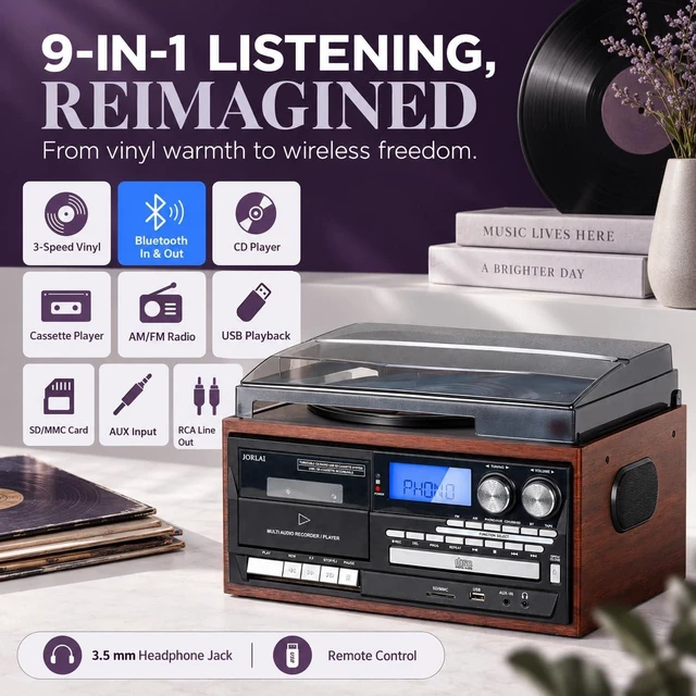 Alt view image 4 of 6 - Multi-Format 9-in-1 Record Player for Bedroom and Study, 3-Speed Turntable with Bluetooth Input, CD/Cassette, USB/SD, AM/FM Radio, Built-in Speakers, RCA Line Out, Headphone Jack, Remote, Light Brown