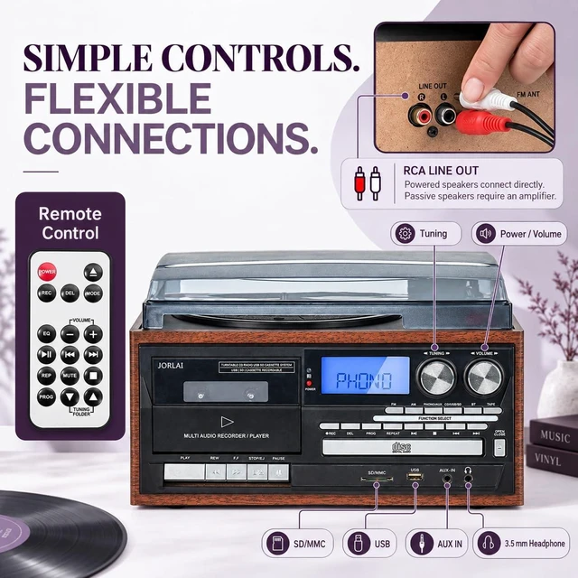 Alt view image 3 of 6 - Multi-Format 9-in-1 Record Player for Bedroom and Study, 3-Speed Turntable with Bluetooth Input, CD/Cassette, USB/SD, AM/FM Radio, Built-in Speakers, RCA Line Out, Headphone Jack, Remote, Light Brown