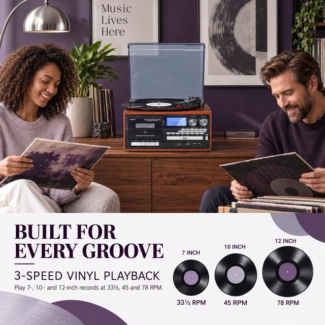 Alt view image 5 of 6 - Multi-Format 9-in-1 Record Player for Bedroom and Study, 3-Speed Turntable with Bluetooth Input, CD/Cassette, USB/SD, AM/FM Radio, Built-in Speakers, RCA Line Out, Headphone Jack, Remote, Light Brown