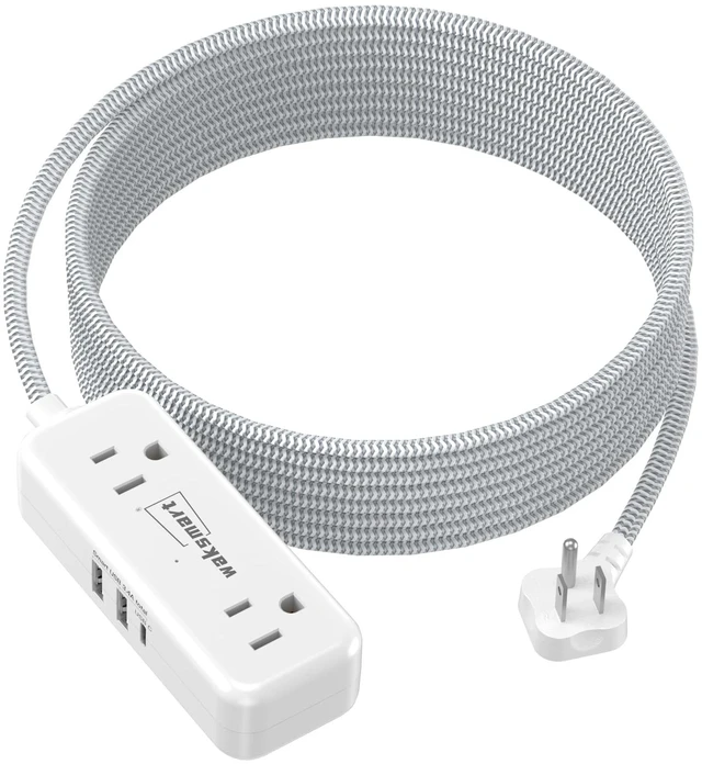 Main image of Flat Plug 20 FT Extension Cord with 4 AC Outlets Braided Extension Cord, 3 USB Ports (5V/3.4A 17W) for Home Office College Dorm