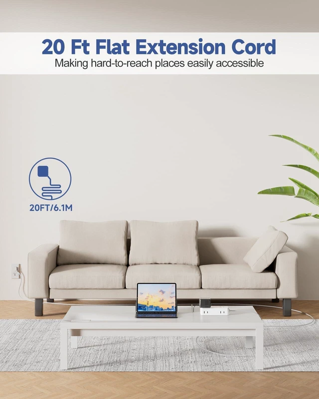 Alt view image 2 of 7 - Flat Plug 20 FT Extension Cord with 4 AC Outlets Braided Extension Cord, 3 USB Ports (5V/3.4A 17W) for Home Office College Dorm