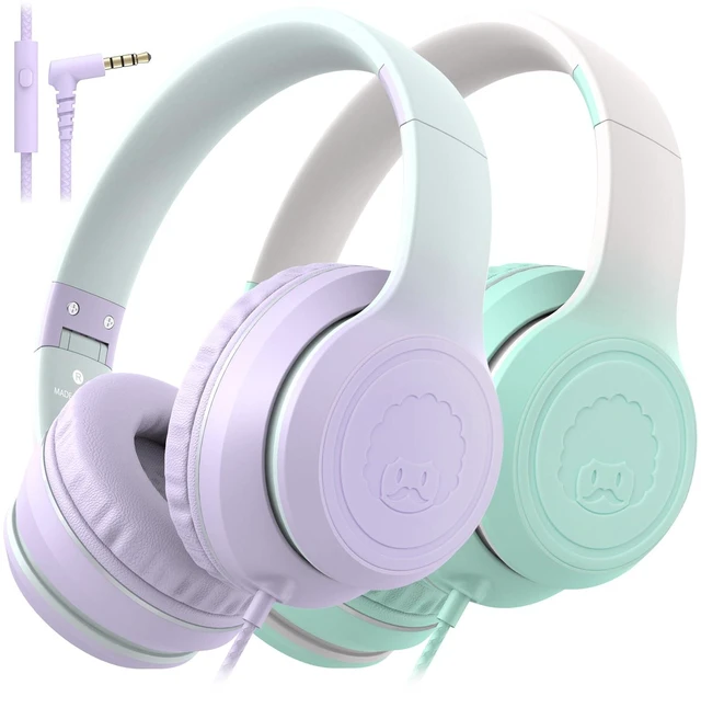 Main image of L22 2Pcs Foldable Wired Headphones for Kids Girls Boys with Mic Stereo 3.5mm Corded Head phones for School Classroom Airplane Chromebooks Computer Laptop Phones (Purple+Teal)