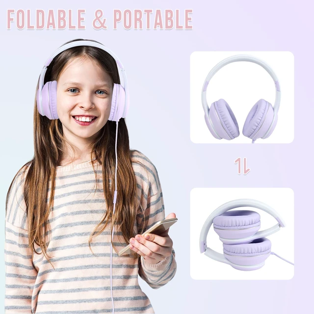 Alt view image 3 of 5 - L22 2Pcs Foldable Wired Headphones for Kids Girls Boys with Mic Stereo 3.5mm Corded Head phones for School Classroom Airplane Chromebooks Computer Laptop Phones (Purple+Pink)