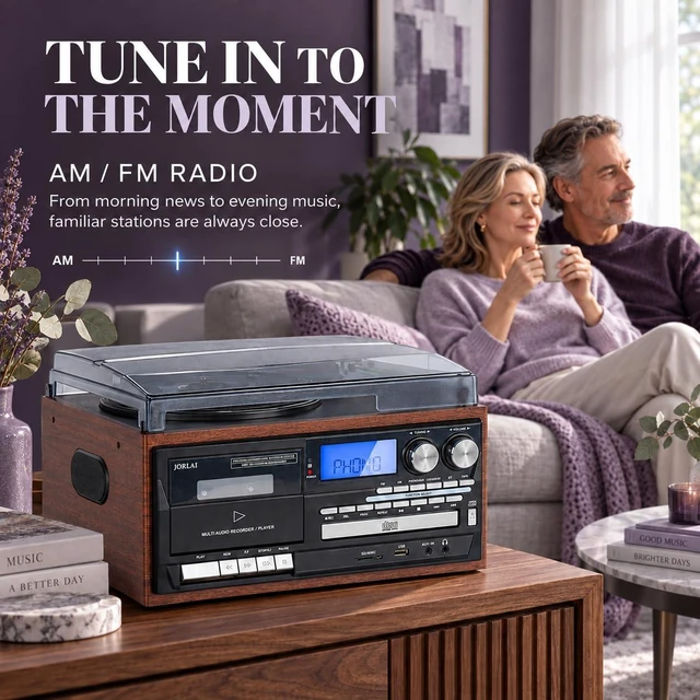 Alt view image 6 of 6 - Multi-Format 9-in-1 Record Player for Bedroom and Study, 3-Speed Turntable with Bluetooth Input, CD/Cassette, USB/SD, AM/FM Radio, Built-in Speakers, RCA Line Out, Headphone Jack, Remote, Light Brown