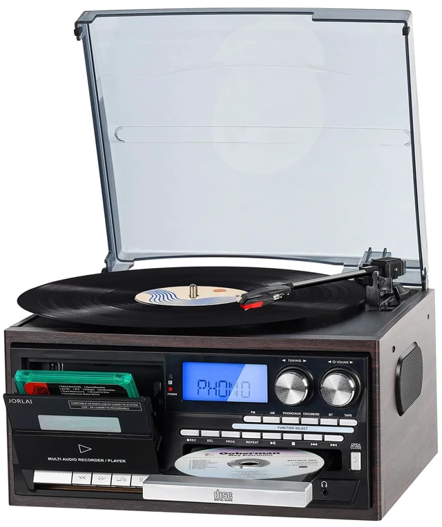 Main image of 9-in-1 Record Player Music Center for Home, 3-Speed Vinyl Turntable, Bluetooth Input, CD/Cassette, USB/SD, AM/FM Radio, Built-in Speakers, RCA Out, Headphone Jack, Remote Control, Dark Brown