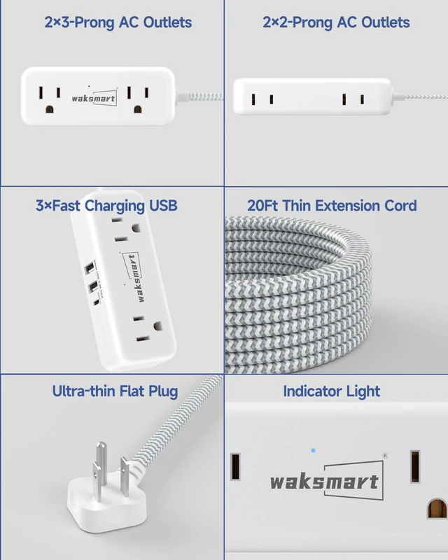 Alt view image 7 of 7 - Flat Plug 20 FT Extension Cord with 4 AC Outlets Braided Extension Cord, 3 USB Ports (5V/3.4A 17W) for Home Office College Dorm