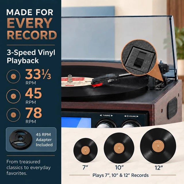 Alt view image 3 of 7 - 9-in-1 Record Player Music Center for Home, 3-Speed Vinyl Turntable, Bluetooth Input, CD/Cassette, USB/SD, AM/FM Radio, Built-in Speakers, RCA Out, Headphone Jack, Remote Control, Dark Brown