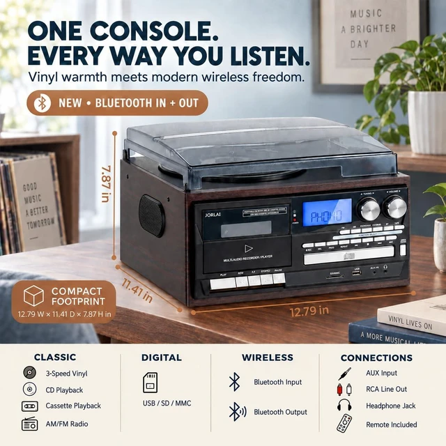 Alt view image 2 of 7 - 9-in-1 Record Player Music Center for Home, 3-Speed Vinyl Turntable, Bluetooth Input, CD/Cassette, USB/SD, AM/FM Radio, Built-in Speakers, RCA Out, Headphone Jack, Remote Control, Dark Brown