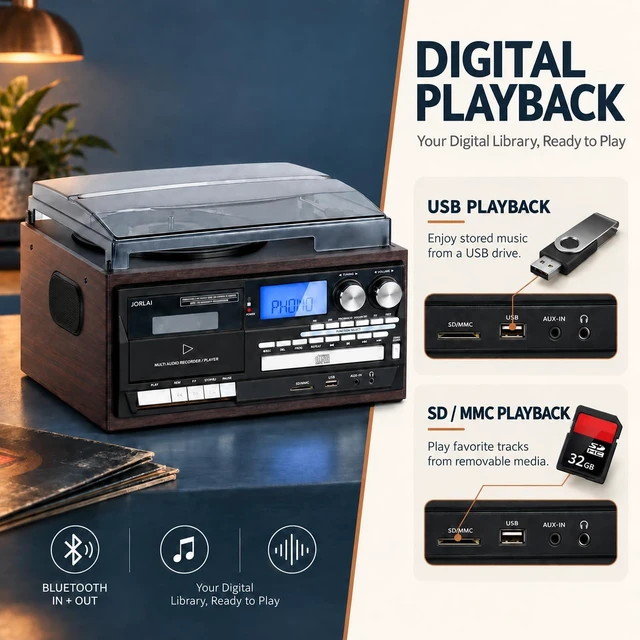 Alt view image 5 of 7 - 9-in-1 Record Player Music Center for Home, 3-Speed Vinyl Turntable, Bluetooth Input, CD/Cassette, USB/SD, AM/FM Radio, Built-in Speakers, RCA Out, Headphone Jack, Remote Control, Dark Brown
