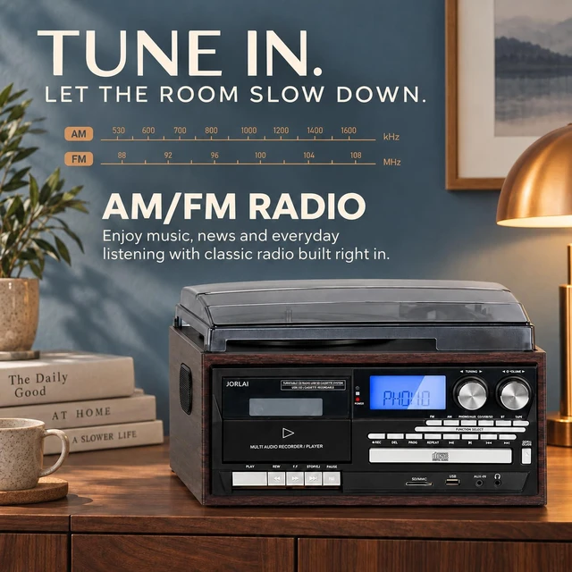 Alt view image 7 of 7 - 9-in-1 Record Player Music Center for Home, 3-Speed Vinyl Turntable, Bluetooth Input, CD/Cassette, USB/SD, AM/FM Radio, Built-in Speakers, RCA Out, Headphone Jack, Remote Control, Dark Brown