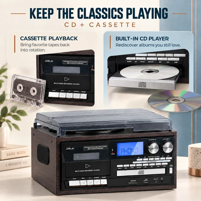 Alt view image 6 of 7 - 9-in-1 Record Player Music Center for Home, 3-Speed Vinyl Turntable, Bluetooth Input, CD/Cassette, USB/SD, AM/FM Radio, Built-in Speakers, RCA Out, Headphone Jack, Remote Control, Dark Brown