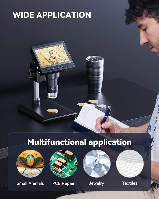Alt view image 4 of 7 - Digital Microscope, Coin Microscope with Light Adjustable Brightness 4.3" HD LCD Screen, 1000X Zoom PC View, Compatible with MacOS & Windows - Black