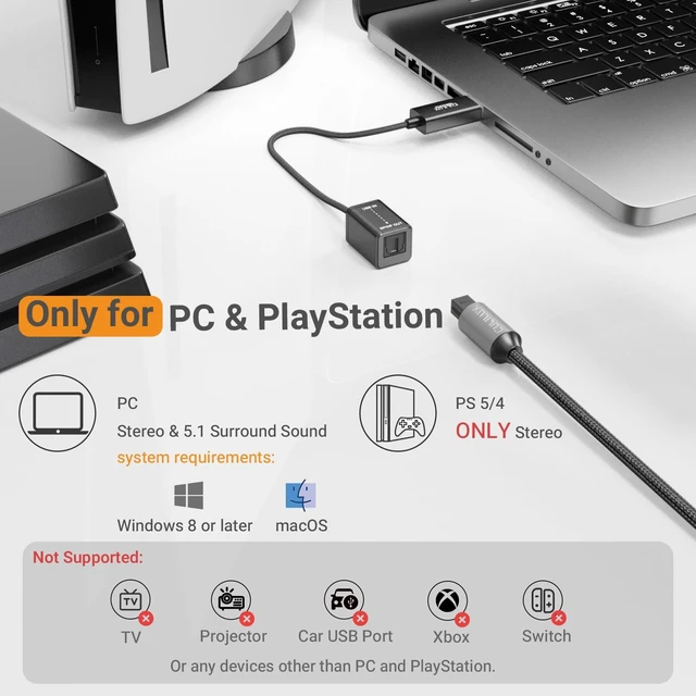 Alt view image 4 of 6 - USB A to TOSLINK Optical Audio Adapter, Unidirectional USB Type A to SPDIF Digital Converter, S/PDIF Transmitter for Computer Laptop PC PS5/4 ONLY, NOT for TV Or Other Devices