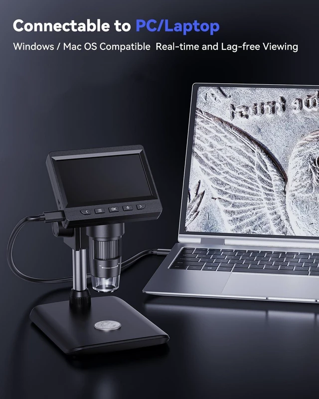Alt view image 5 of 7 - Digital Microscope, Coin Microscope with Light Adjustable Brightness 4.3" HD LCD Screen, 1000X Zoom PC View, Compatible with MacOS & Windows - Black