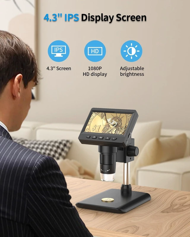 Alt view image 7 of 7 - Digital Microscope, Coin Microscope with Light Adjustable Brightness 4.3" HD LCD Screen, 1000X Zoom PC View, Compatible with MacOS & Windows - Black