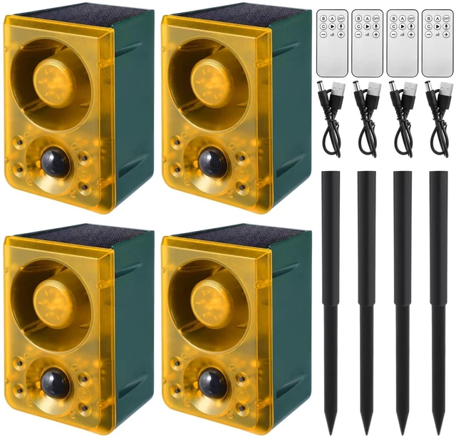 Main image of 4 Pcs Solar Outdoor Motion Sensor Alarm with Stake 129 dB, Yellow Gunshot Sound Dog Barking 3 Modes Support Recording Adjustable Volume USB Charging Loud Noise Maker for Animal Deterrent