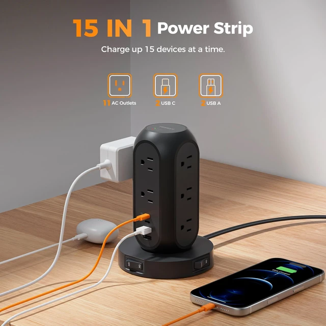 Alt view image 2 of 7 - Surge Protector Power Strip with 1050J, Individual Switches, 6 Ft 11 Outlets, 4 USB Ports (2 USB C), Flat Extension Cord, 20W Charging Station for Multiple Devices, for Office, Dorm Room