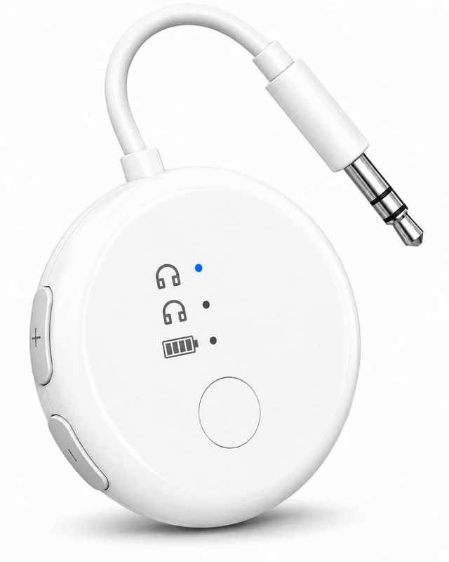 Main image of SoundJet R1 - Airplane Bluetooth Adapter for AirPods, 25H Qualcomm aptX Adaptive & HD, dual-headphone pairing, 25-hour battery, USB-C charging, and single/dual airline plugs