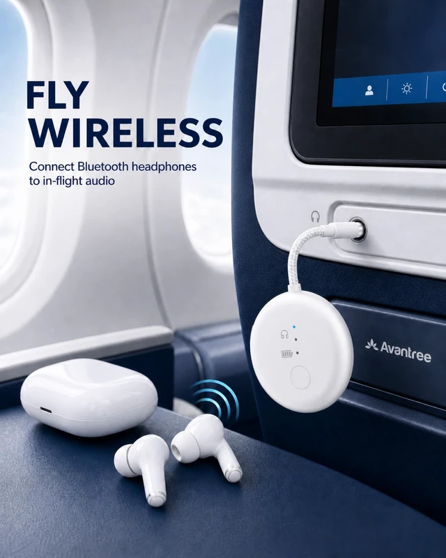 Alt view image 2 of 7 - SoundJet R1 - Airplane Bluetooth Adapter for AirPods, 25H Qualcomm aptX Adaptive & HD, dual-headphone pairing, 25-hour battery, USB-C charging, and single/dual airline plugs