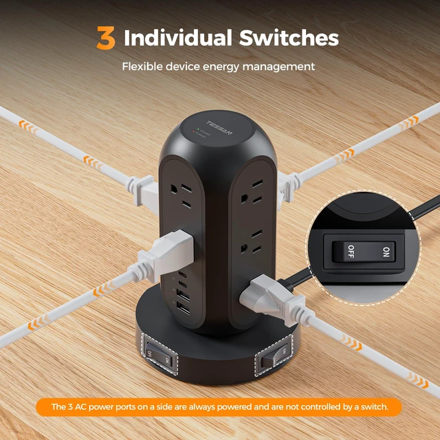 Alt view image 3 of 7 - Surge Protector Power Strip with 1050J, Individual Switches, 6 Ft 11 Outlets, 4 USB Ports (2 USB C), Flat Extension Cord, 20W Charging Station for Multiple Devices, for Office, Dorm Room