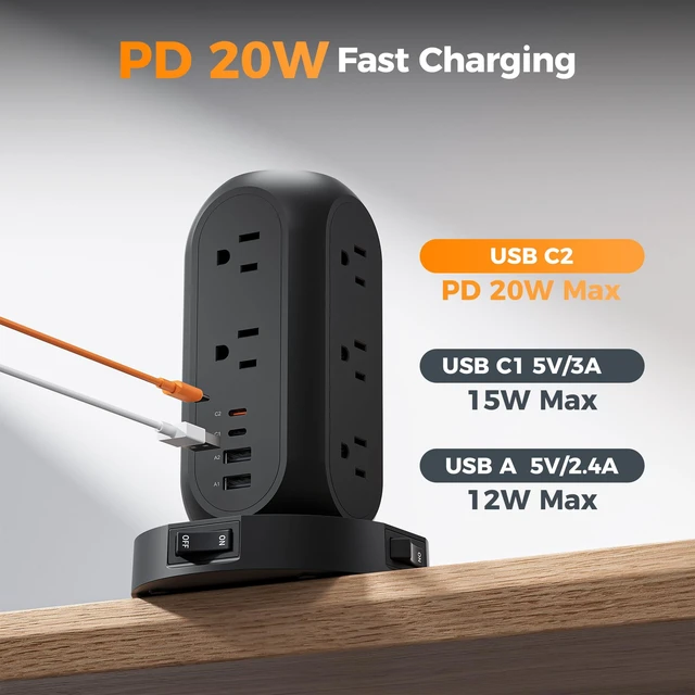 Alt view image 4 of 7 - Surge Protector Power Strip with 1050J, Individual Switches, 6 Ft 11 Outlets, 4 USB Ports (2 USB C), Flat Extension Cord, 20W Charging Station for Multiple Devices, for Office, Dorm Room