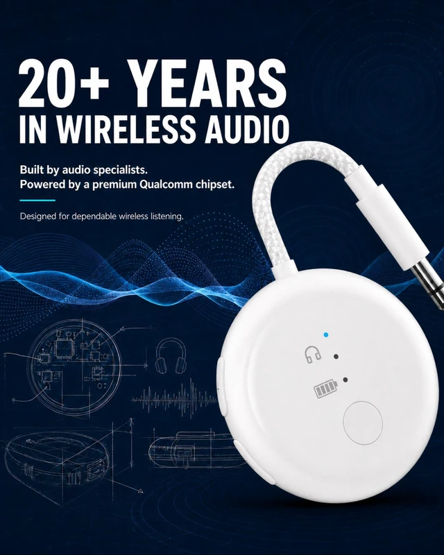 Alt view image 5 of 7 - SoundJet R1 - Airplane Bluetooth Adapter for AirPods, 25H Qualcomm aptX Adaptive & HD, dual-headphone pairing, 25-hour battery, USB-C charging, and single/dual airline plugs