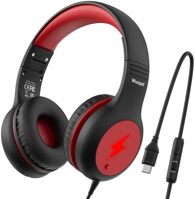 Main image of Kids USB C Headphones for School, Safe Listening Wired Over-Ear Headphones with LED Lights, Volume Limiter & Microphone, Foldable Design for iPhone 16/ 17, iPad, Tablet