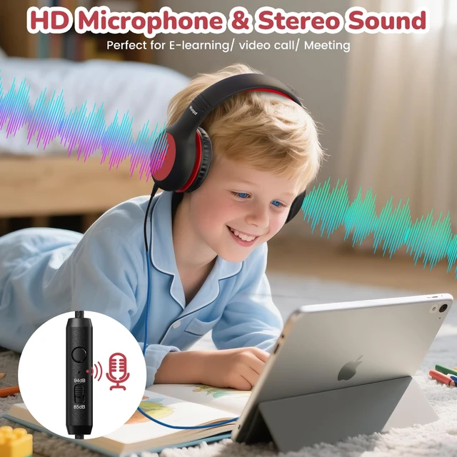 Alt view image 6 of 7 - Kids USB C Headphones for School, Safe Listening Wired Over-Ear Headphones with LED Lights, Volume Limiter & Microphone, Foldable Design for iPhone 16/ 17, iPad, Tablet