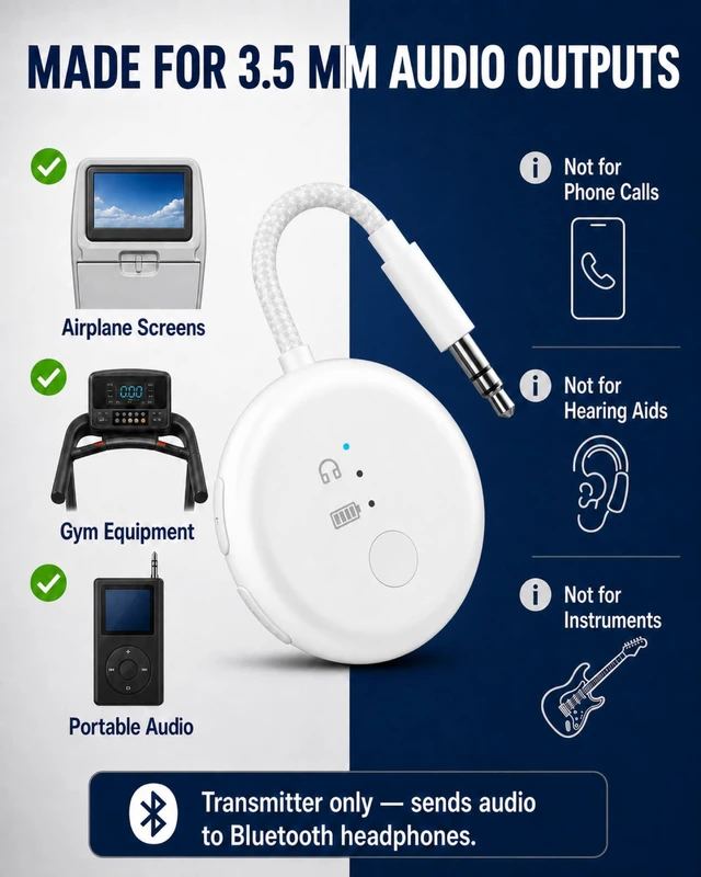 Alt view image 7 of 7 - SoundJet R1 - Airplane Bluetooth Adapter for AirPods, 25H Qualcomm aptX Adaptive & HD, dual-headphone pairing, 25-hour battery, USB-C charging, and single/dual airline plugs