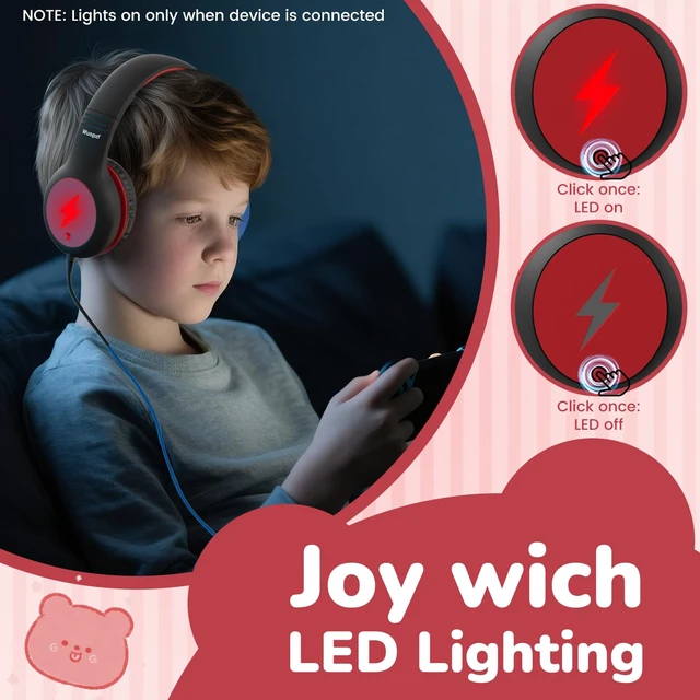 Alt view image 3 of 7 - Kids USB C Headphones for School, Safe Listening Wired Over-Ear Headphones with LED Lights, Volume Limiter & Microphone, Foldable Design for iPhone 16/ 17, iPad, Tablet