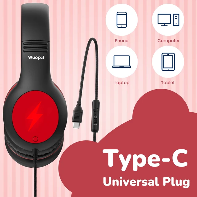 Alt view image 4 of 7 - Kids USB C Headphones for School, Safe Listening Wired Over-Ear Headphones with LED Lights, Volume Limiter & Microphone, Foldable Design for iPhone 16/ 17, iPad, Tablet