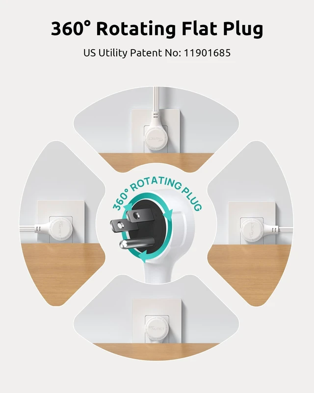 Alt view image 2 of 7 - 360° Rotating Flat Plug Power Strip with 3AC Outlets and 4 USB Ports 3FT Short Extension Cord, Wall Mountable, Compact Outlet Extender for Home Office Dorm Room, Cruise Travel Essentials, White