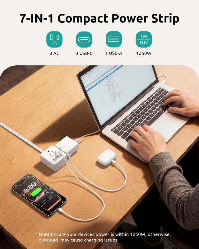 Alt view image 3 of 7 - 360° Rotating Flat Plug Power Strip with 3AC Outlets and 4 USB Ports 3FT Short Extension Cord, Wall Mountable, Compact Outlet Extender for Home Office Dorm Room, Cruise Travel Essentials, White