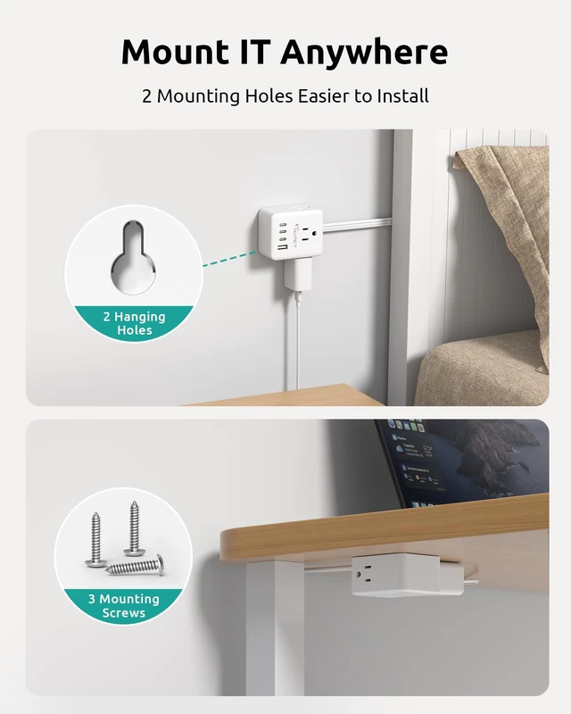 Alt view image 7 of 7 - 360° Rotating Flat Plug Power Strip with 3AC Outlets and 4 USB Ports 3FT Short Extension Cord, Wall Mountable, Compact Outlet Extender for Home Office Dorm Room, Cruise Travel Essentials, White