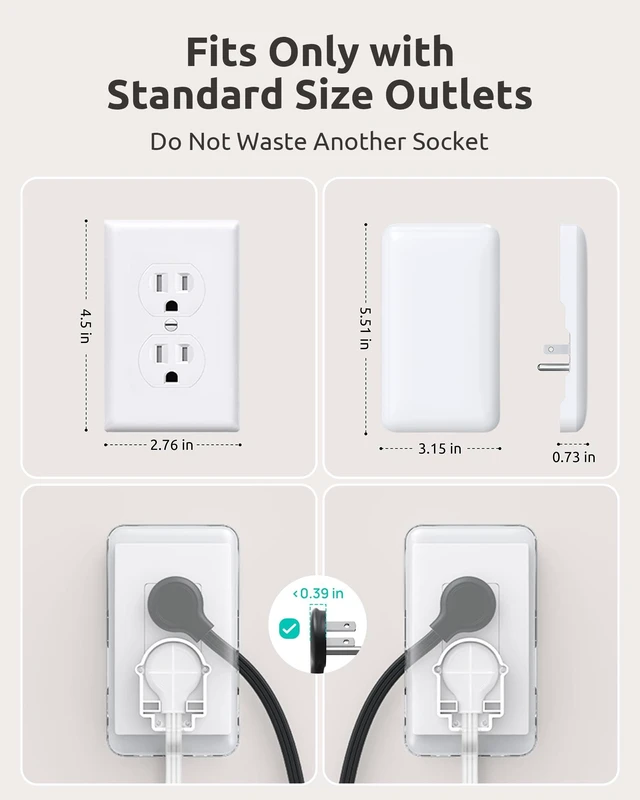 Alt view image 6 of 7 - 6FT Extension Cord with Outlet Cover, 3 Outlets and 4 USB Ports Flat Plug Power Strip, Outlet Concealer, Small, Wall Mountable, Flat Face Outlet Extender Hidden Behind Couch, Bed, White