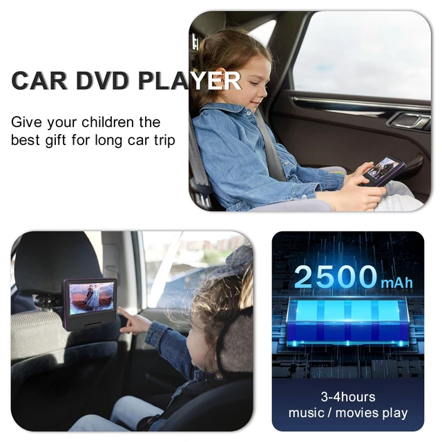 Alt view image 3 of 7 - 9" Portable DVD Player for Car & Kids with 7" Swivel Screen, Purple 4-6H Playtime, Anti-Skip Protection, Dual Stereo Sound, USB/SD/AV Input, Multiple Disc Formats, TV Sync, Remote