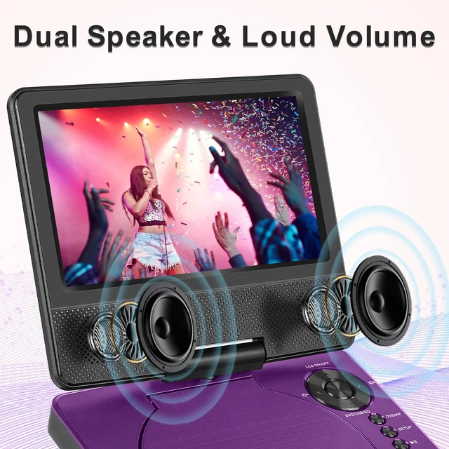 Alt view image 4 of 7 - 9" Portable DVD Player for Car & Kids with 7" Swivel Screen, Purple 4-6H Playtime, Anti-Skip Protection, Dual Stereo Sound, USB/SD/AV Input, Multiple Disc Formats, TV Sync, Remote