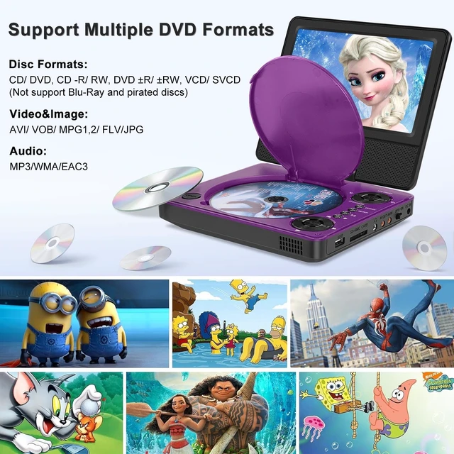Alt view image 2 of 7 - 9" Portable DVD Player for Car & Kids with 7" Swivel Screen, Purple 4-6H Playtime, Anti-Skip Protection, Dual Stereo Sound, USB/SD/AV Input, Multiple Disc Formats, TV Sync, Remote