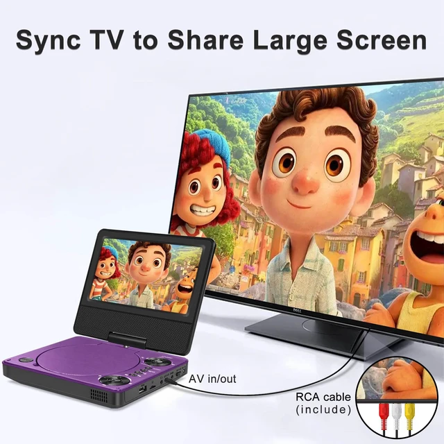Alt view image 5 of 7 - 9" Portable DVD Player for Car & Kids with 7" Swivel Screen, Purple 4-6H Playtime, Anti-Skip Protection, Dual Stereo Sound, USB/SD/AV Input, Multiple Disc Formats, TV Sync, Remote
