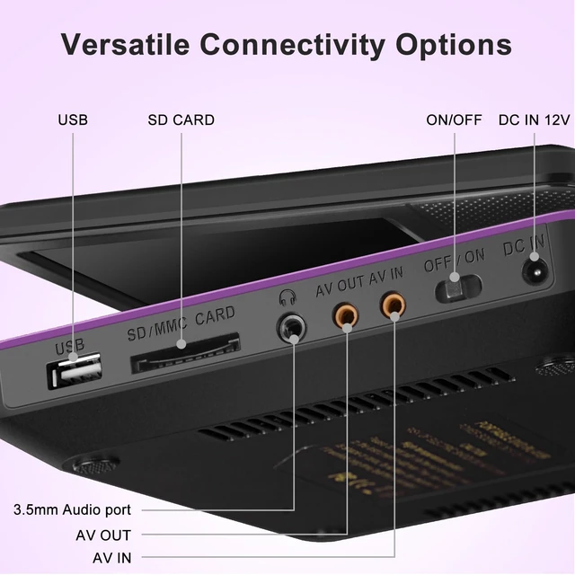 Alt view image 7 of 7 - 9" Portable DVD Player for Car & Kids with 7" Swivel Screen, Purple 4-6H Playtime, Anti-Skip Protection, Dual Stereo Sound, USB/SD/AV Input, Multiple Disc Formats, TV Sync, Remote