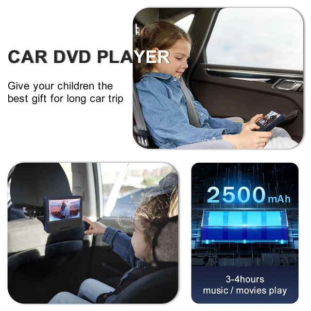 Alt view image 3 of 7 - 9" Portable DVD Player for Car & Kids with 7" Swivel Screen, Blue 4-6H Playtime, Anti-Skip Protection, Dual Stereo Sound, USB/SD/AV Input, Multiple Disc Formats, TV Sync, Remote