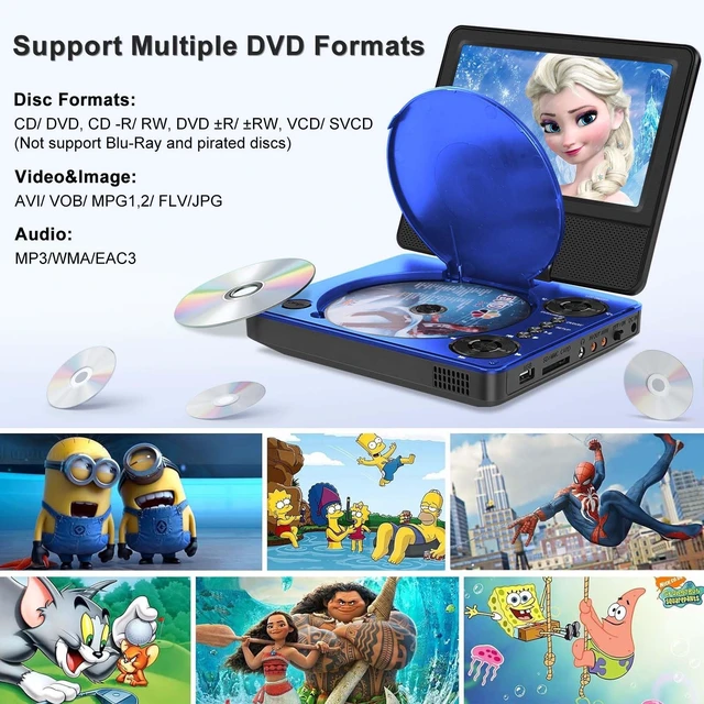 Alt view image 2 of 7 - 9" Portable DVD Player for Car & Kids with 7" Swivel Screen, Blue 4-6H Playtime, Anti-Skip Protection, Dual Stereo Sound, USB/SD/AV Input, Multiple Disc Formats, TV Sync, Remote