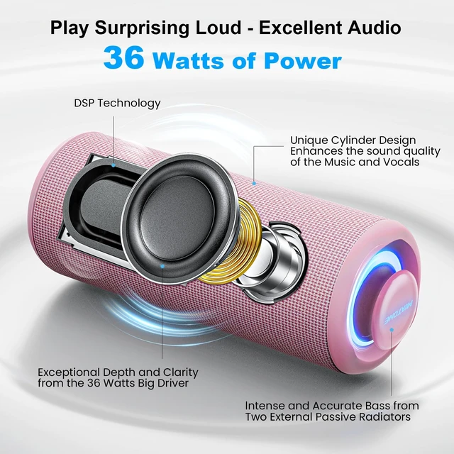 Alt view image 2 of 7 - Bluetooth Speaker 36W Stereo Sound Bass Present Woman Gifts - Pink Portable Speaker Bluetooth 5.3 Wireless USB Type C, Outdoor and Travel, 5000mAh Up to 16H Playtime, Indoor Party Home