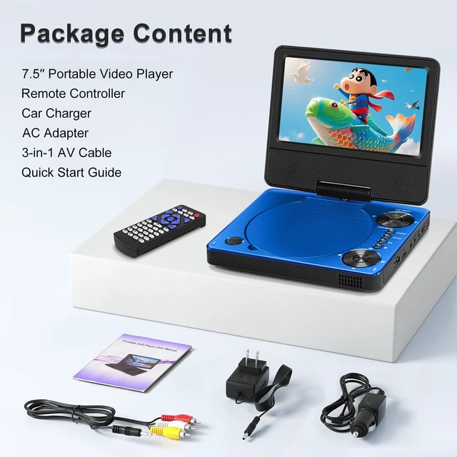 Alt view image 7 of 7 - 9" Portable DVD Player for Car & Kids with 7" Swivel Screen, Blue 4-6H Playtime, Anti-Skip Protection, Dual Stereo Sound, USB/SD/AV Input, Multiple Disc Formats, TV Sync, Remote