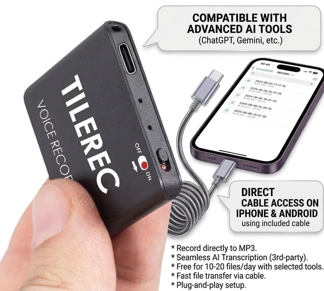 Alt view image 2 of 7 - TileRec Voice Activated Recorder 1160 Hours Digital Dictaphone with Direct Playback, USB-C, Metal Body 64GB Portable Audio Recorder for Meetings & Lectures