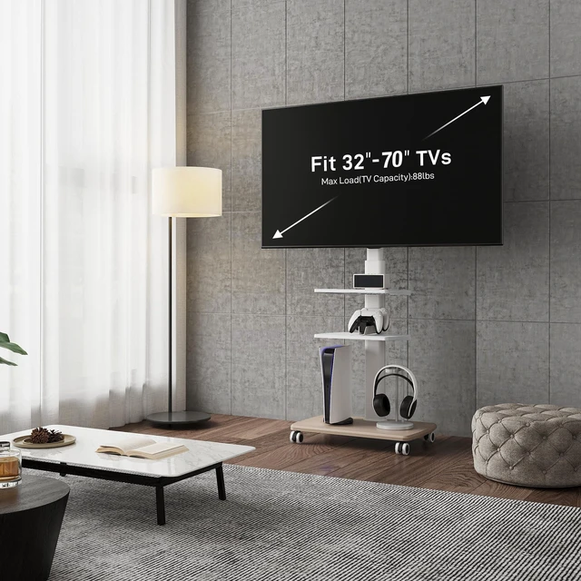 Alt view image 2 of 6 - Rolling TV Stand for 32-75 Inch TVs with Height Adjustable, White Mobile TV Cart for 32-65 70 Inch TVs, Corner Floor TV Stand with Swivel Mount for Bedroom Living Room Home Office Small Dorm