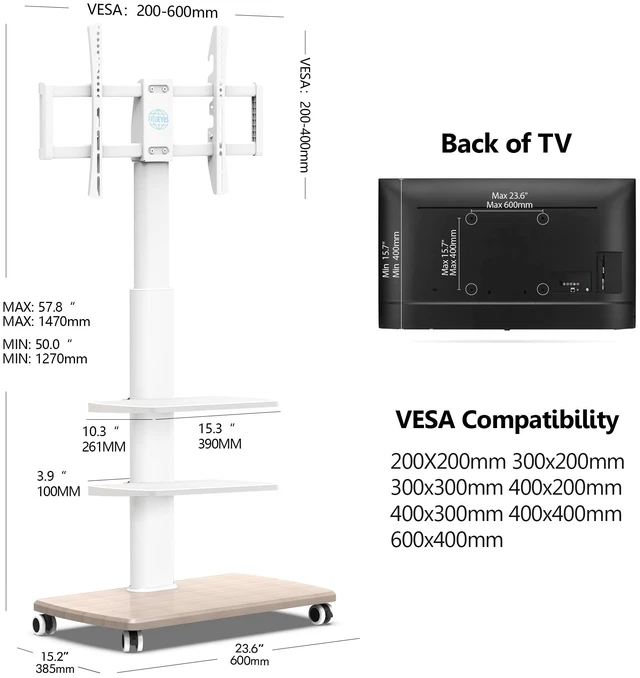 Alt view image 5 of 6 - Rolling TV Stand for 32-75 Inch TVs with Height Adjustable, White Mobile TV Cart for 32-65 70 Inch TVs, Corner Floor TV Stand with Swivel Mount for Bedroom Living Room Home Office Small Dorm