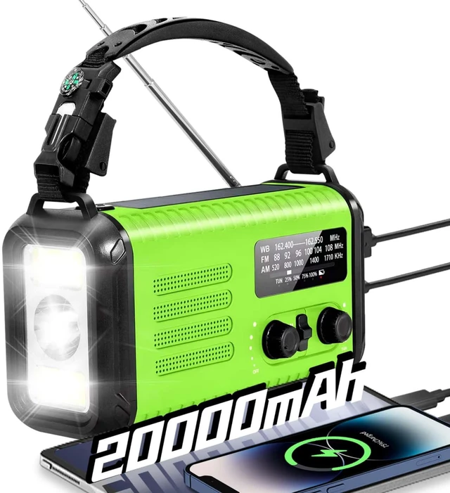Main image of Emergency Crank Radio, 20000mAh Solar Hand Crank Weather Radio NOAA/AM/FM 74000mWh Battery Powered Radio with Cell Phone Charger, Reading Lamp, Flashlight & SOS for Emergencies/Home (LightGreen)