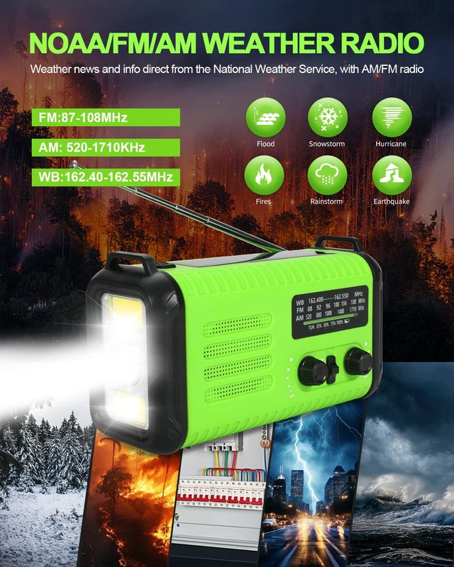 Alt view image 2 of 7 - Emergency Crank Radio, 20000mAh Solar Hand Crank Weather Radio NOAA/AM/FM 74000mWh Battery Powered Radio with Cell Phone Charger, Reading Lamp, Flashlight & SOS for Emergencies/Home (LightGreen)